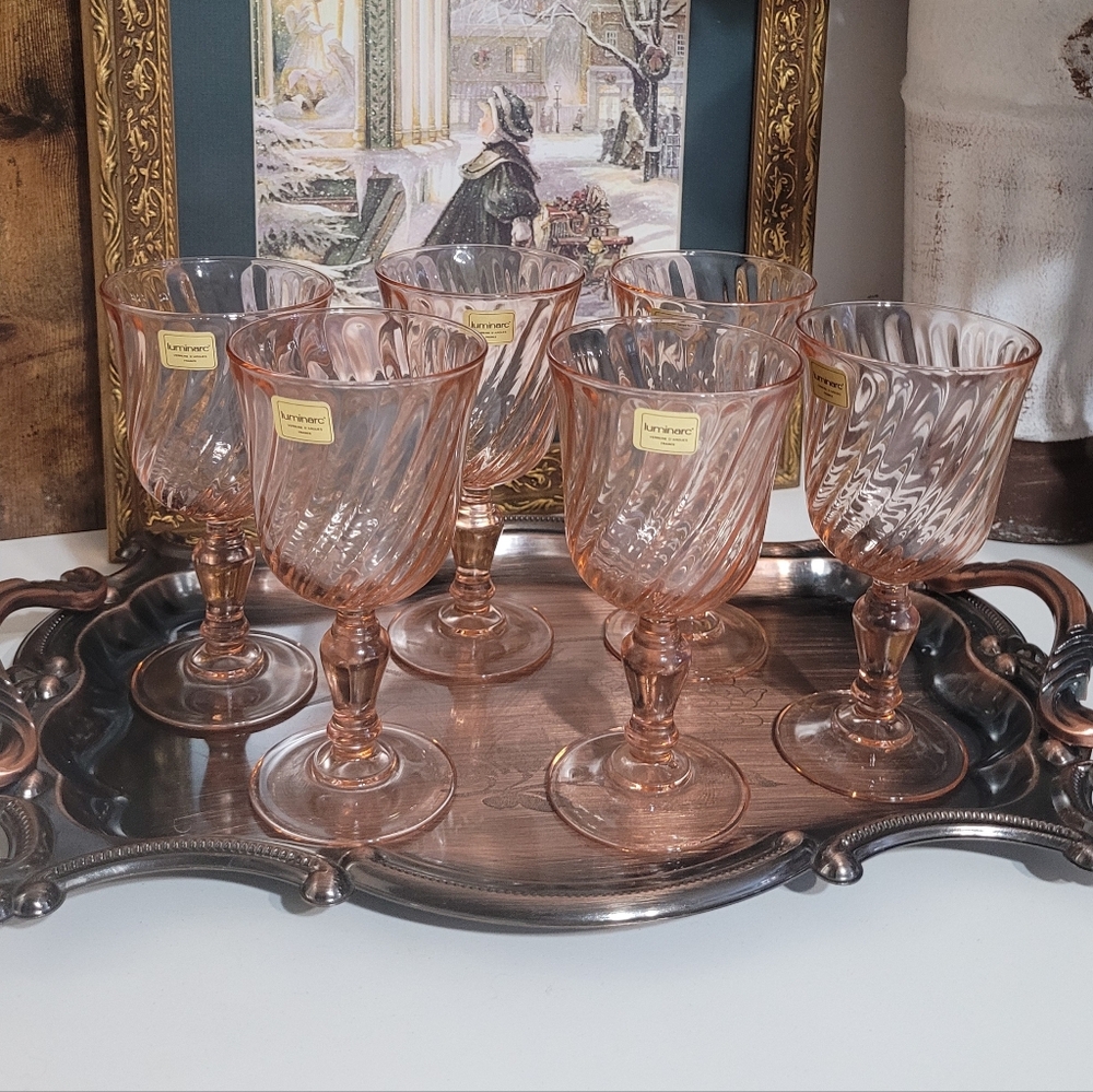 Vintage Luminarc Roseline Pink Water Wine Goblets, Set Of 6